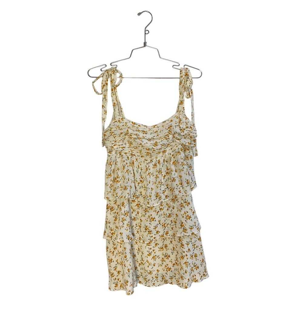 Reformation Avni Yellow Floral Tiered Babydoll Dress